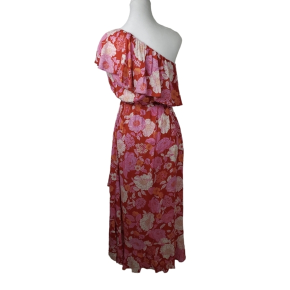 EBBy anD I . One shoulder Tropical Floral Dress. Midi. Red with pink. Size 10 - Picture 2 of 6